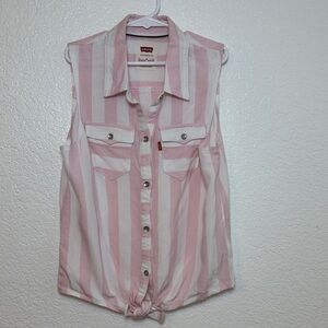 Levi's Pink & White Striped Sleeveless Button-Front Shirt with Tie Hem